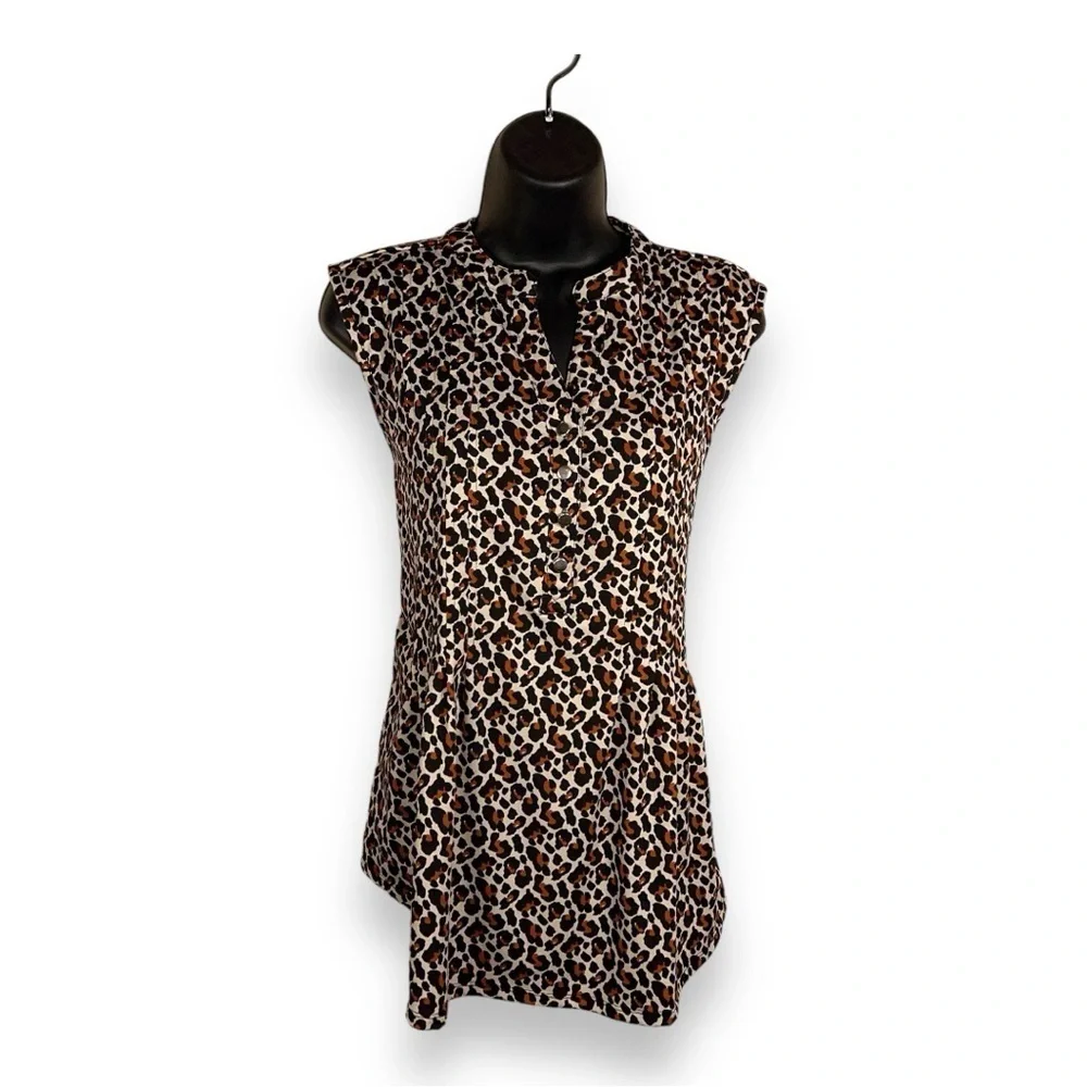 MEDIUM KIM ROGERS LEOPARD PRINT BLOUSE SLEEVELESS STRETCH BEIGE BROWN ANIMAL